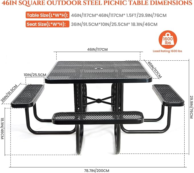 46IN Square Outdoor Picnic Table with Attached Seats, Heavy-Duty Metal Expanded Mesh Patio Table, 1600LBS Load Capacity Commercial-Grade Table for Park, Backyard, Deck, Black