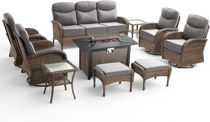 10 Pieces Luxury Patio Furniture Set with 42.5" Fire Pit Table, 6-Inch Thick Cushions Wicker Outdoor Furniture with Swivel Patio Chairs Set of 4, Outdoor Patio Conversation Set for Garden Deck, Gray