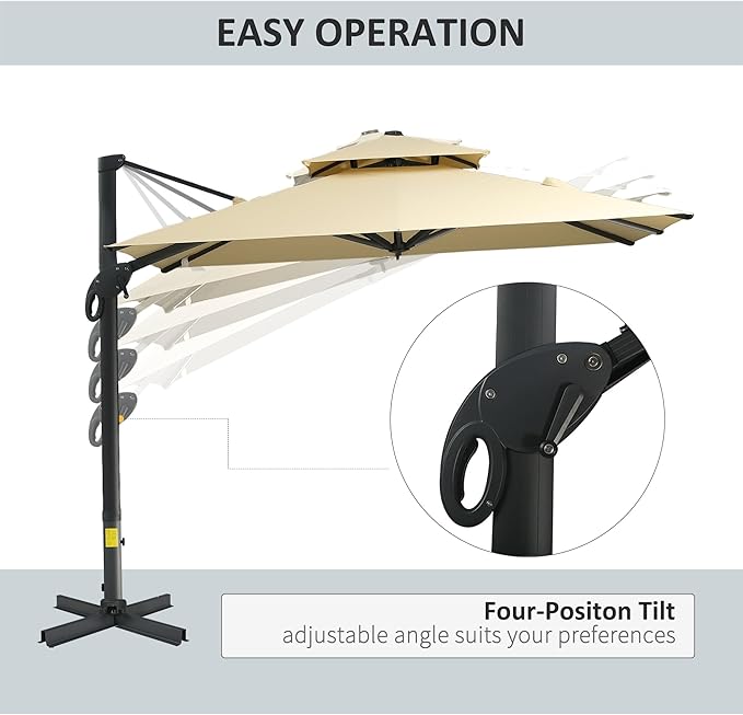 GOWE 10ft Offset Patio Umbrella, Hanging Cantilever Umbrella, Square Shape, Aluminum Cross Base, Tilt, 360-Degree Rotation, Beige