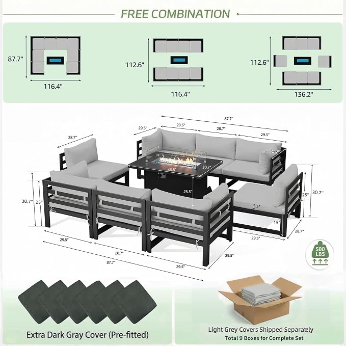 RADIATA 9 Piece Oversized Modular Outdoor Furniture Set with Fire Pit Table, 29 inch Deep Wide Sectional Seating, Heavy Duty Aluminum Frame for 500 lbs, Patio Conversation Set for Poolside, Light Gray
