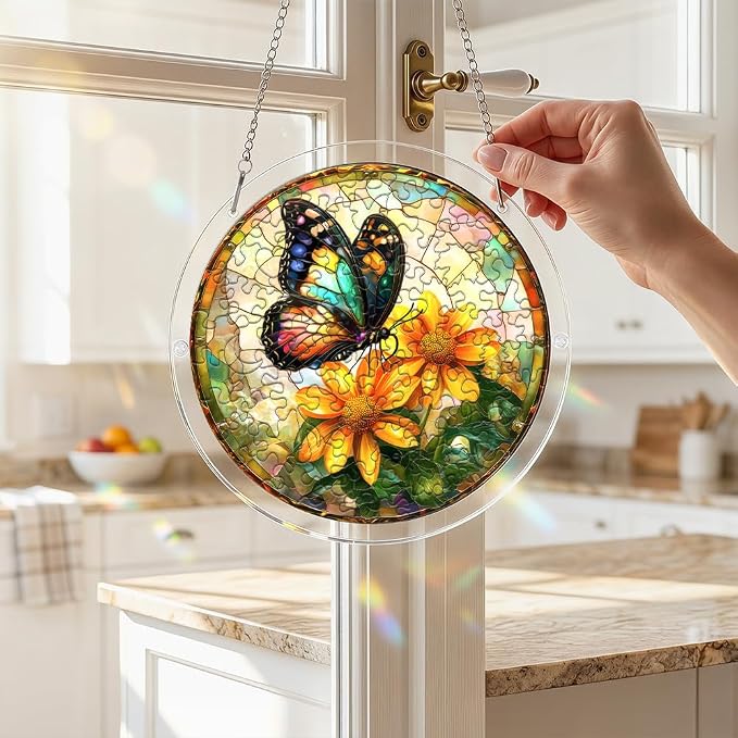 Acrylic Puzzle Suncatcher, Jigsaw Puzzle Sun Catcher, 7.87 in | Butterfly & Flower Acrylic Jigsaw Puzzle, Suncatcher Puzzles Kit Home Garden Decor, Mothers Day Birthday Gifts for Mom, Adult