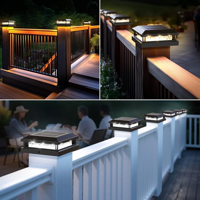 8-Pack Solar Post Lights, 2-Colors Mode 16LEDs Outdoor Decorative Post Cap Lights, Waterproof Solar-Powered Fence Posts Light, Fit 4x4, 5x5 Vinyl/Wooden Posts in Garden Yard Porch Deck, Black