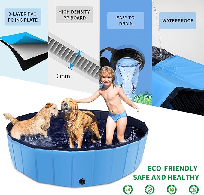 CACSPS Foldable Dog Pool, 47" x 12" Kiddie Pool with Hard Plastic, Non-Slip Dog Bath Tub for Outdoor Backyard, Collapsible Dog Swimming Pool for Kids Dogs Pets (Blue)