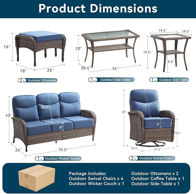 10 Pieces Luxury Outdoor Patio Furniture Set with 6-Inch Thick Cushions, Wicker Outdoor Furniture with High Back Swivel Patio Chairs Set of 4, Wicker Conversation Set for Deck Garden Porch, Blue