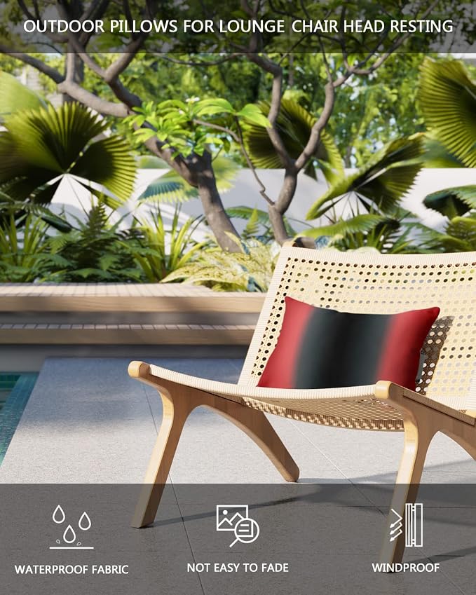 Outdoor Pillows Covers with Inserts Red Black Gradient Pattern Waterproof Recliner Pillow with Adjustable Strap Throw Pillows for Patio Furniture Pool Lounge Chair, 11x16 inch, 1PCS