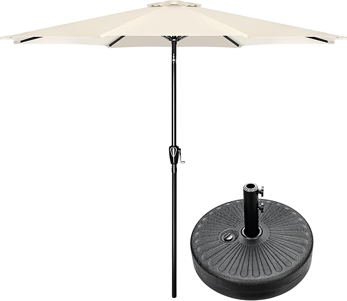 Simple Deluxe 9FT Outdoor Patio Umbrella Table Market Umbrella with Push Button Tilt and Crank and 50lbs Base Stand, for Garden, Lawn, Deck, Backyard, Pool, Creamy White