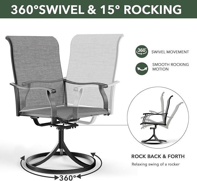 7 Piece Outdoor Dining Set, Grey Swivel Chairs and 63" Rectangle Table Sty1 | 6 Piece Swivel Chairs: High Back, Retro Armrest, Textilene Fabric, Rocking; 63"x38"x28" Metal Rectangle Table, All Weather