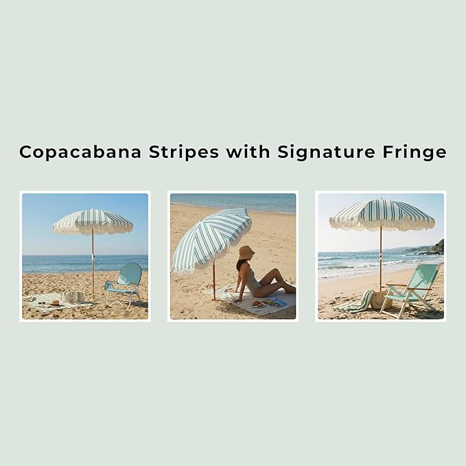 6FT Stripe Fringe Beach Umbrella for Sand with Sand Anchor, UPF 50+ Sun Shade with Tassels, Adjustable Tilt Pole, Portable Coastal Umbrella for Beach & Pool, Heritage Ocean Cypress Stripe