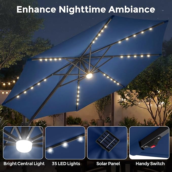 Tangkula 10ft Patio Umbrella with Solar Lights, Offset Cantilever Square Outdoor Umbrella with 35 LED Lights, Aluminum Pole, 360 Degree Rotation, Tilt Adjustment, Air Vent for Pool Deck Yard (Navy)