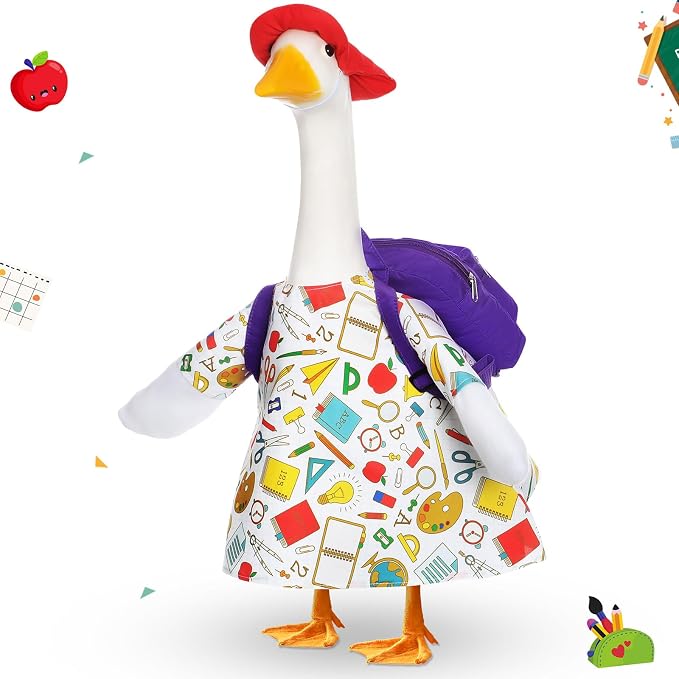 FuWeave Back to School Porch Goose Outfit Set for Plastic Statue Lawn Porch Goose Clothes with Schoolbag for Patio Decor