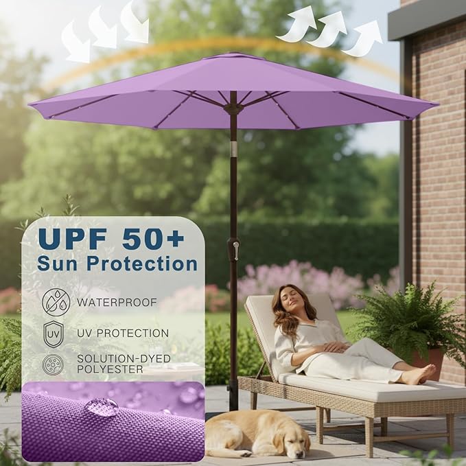 9' Solar LED Patio Umbrella with Tilt & Crank|8 Sturdy Ribs,UV Protection,Outdoor Market Table Umbrella for Deck,Lawn,Pool,Backyard(Taro Purple)