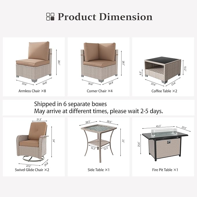 18 Pieces Patio Furniture Set with Fire Pit Table, Outdoor Sectional Wicker Sofa with Thick Cushions, High Back Swivel Rocker Patio Chairs, Rattan Conversation Set with Coffee Table, Khaki