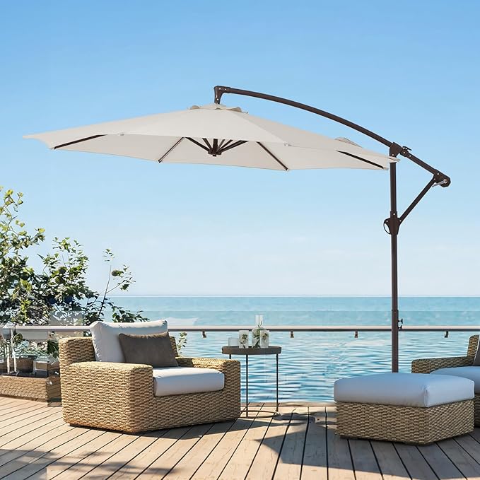 10FT Patio Umbrella, Outdoor Offset Cantilever Umbrella with Sturdy 8 Ribs and Reinforced Base, Easy Tilt Adjustment for Backyard Pool Garden,Off-White