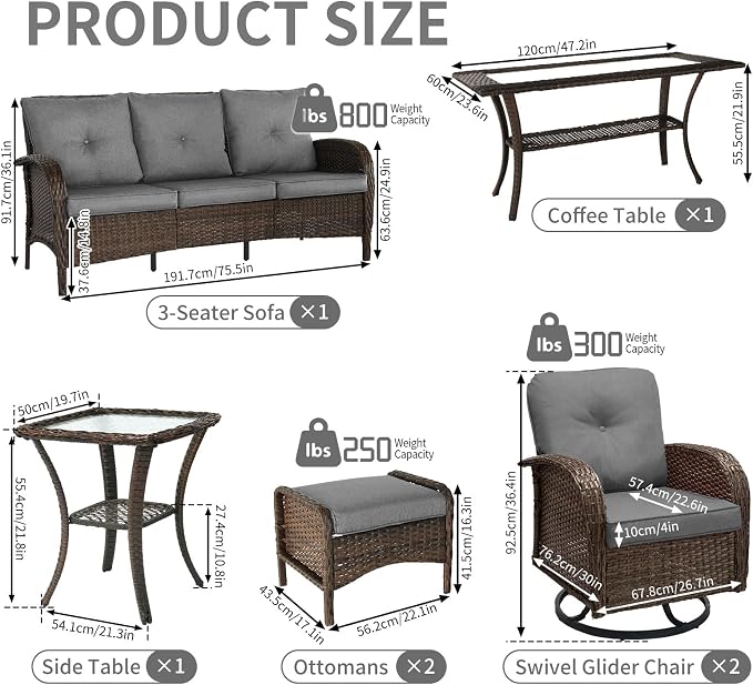 Outdoor Swivel Rocker Patio Chairs (Brown Wicker/Grey Cushion, 7PC/Sofa & Swivel &2 Table & Ottomans)