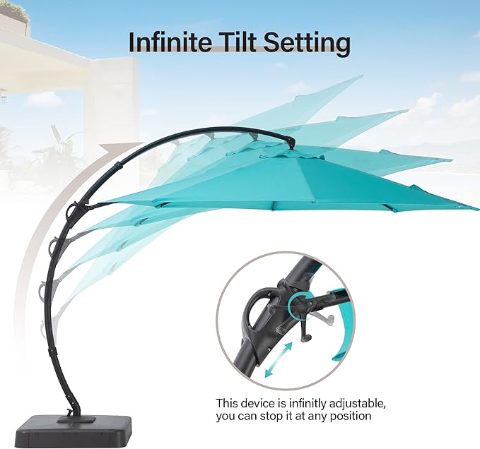 EO Living Outdoor Patio Umbrella with Base included, 11 FT Deluxe Curvy Cantilever Umbrella Heavy Duty Offset Hanging Umbrella with 360° Rotation for Pool, Garden, Backyard, Deck (Turquoise Blue)