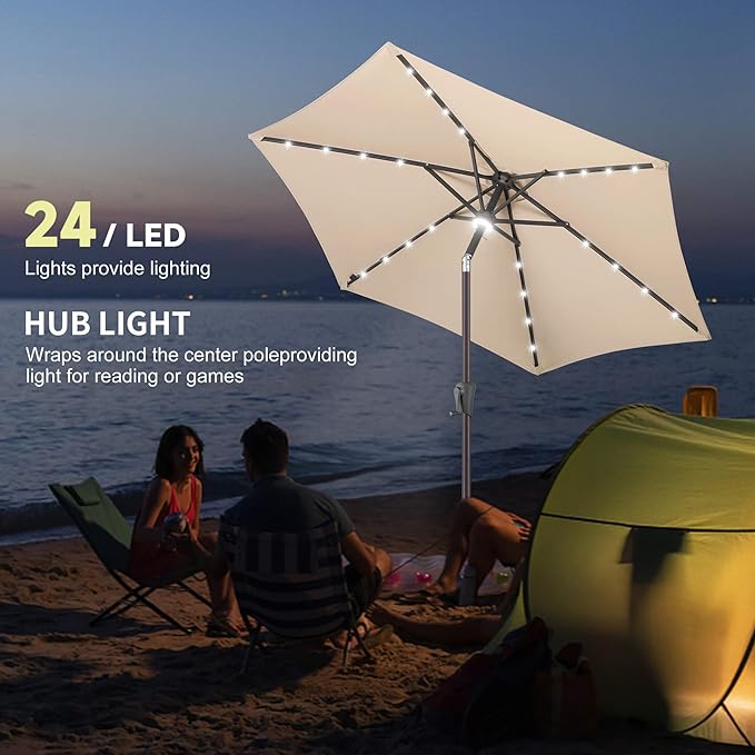 7.5ft Solar Umbrella Outdoor - Lighted Solar Patio Umbrella with 24 LED Lights Waterproof UV Protection, Table Umbrella with Tilt for Pool, Porch, Garden, Deck, Backyard (Beige)