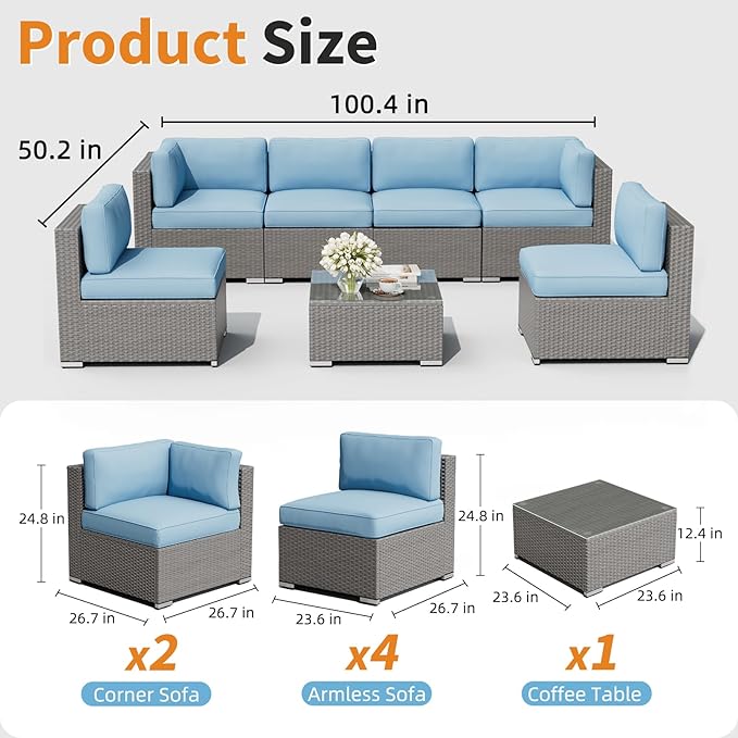 Oakcloud 7-Piece Outdoor Patio Furniture Sofa Set Grey Rattan Wicker Sectional Conversation Sets with Glass Top Table and Cushions(Haze Blue)