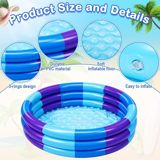 VioraWhite 4 Pack Inflatable Kiddie Pool for Toddlers 34"x10" Blue Stripe Blow up Kids Swimming Pool Small 3 Rings Round Baby Pools for Indoor Outdoor Water Game Play Center