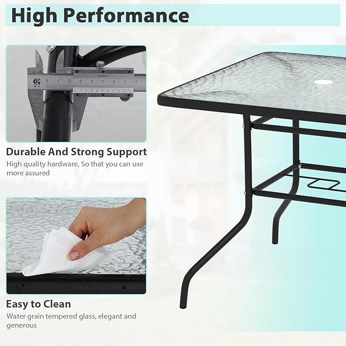 MKDLUFEI 32 Inch Umbrella Table with Hole, Outdoor Square Patio Table with Tempered Glass Top, for Balcony, Backyard, Poolside, Black
