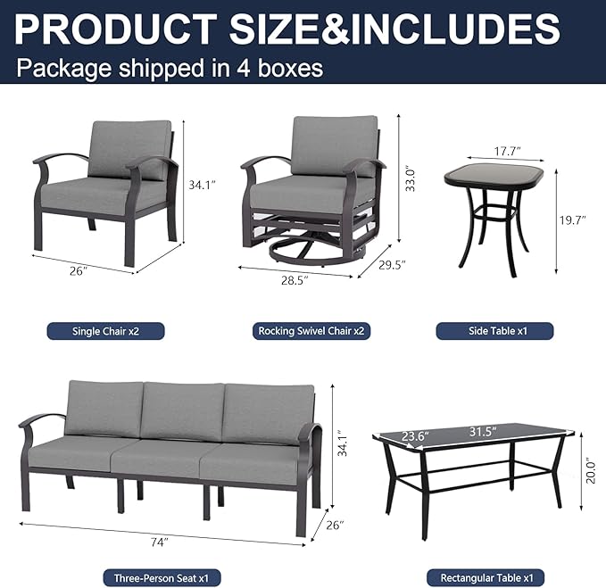 Kurapika Aluminum Patio Furniture Set 7-Seat Modern Outdoor Conversation Sets w/Swivel Rocking Chairs with Rectangular Coffee Table, Grey