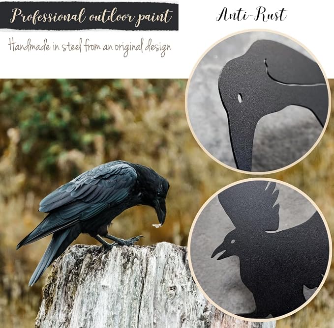 OULYDEKO Raven Decor,Metal Birds Black Bird Crow Statue,Raven Statue Fence Topper Fake Crow,Crow Decor Garden Ornament Fence Topper Gothic Home,Crow Decor,Witchy Garden Decor,Halloween Decorations