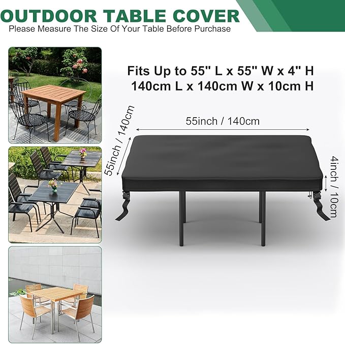 M METERXITY Square Patio Table Cover, 55"L x 55"W x 4"H Rectangular Table Cover for Outdoor Furniture, All-Weather/Waterproof/UV-Resistant, Patio Furniture Protector [Black]