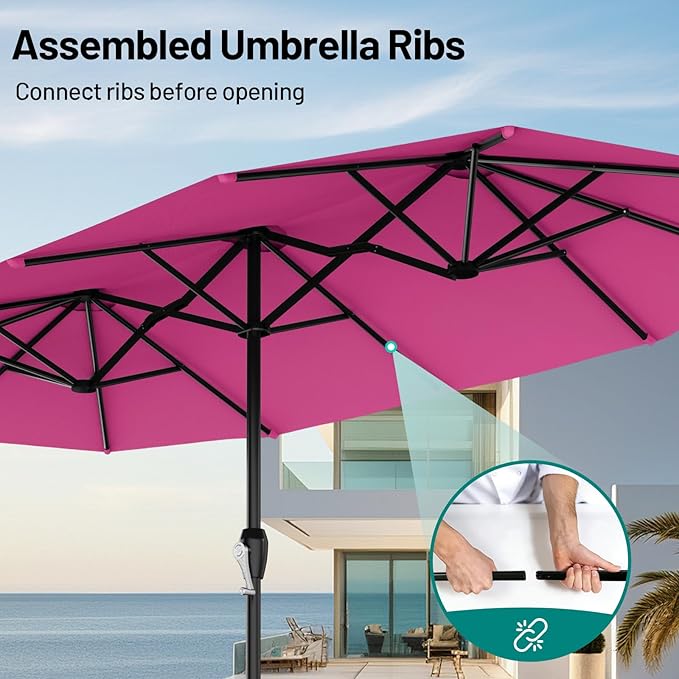 AreShark 15ft Patio Umbrella with Base, Double Sided Outdoor Umbrella with 12 Fiberglass Ribs, Large Outdoor Umbrella for Garden, Pool, Deck, Backyard & Market, Rose Pink