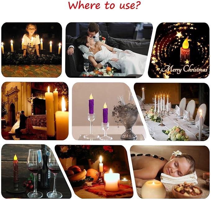 CVHOMEDECO. Glitter Flameless Candles Flickering Battery Operated LED Taper Candles with Timer for Home, Wedding, Halloween, Christmas Decor. Purple, 4-3/4 Inch, Set of 6