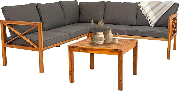 Sunnydaze 4-Piece Acacia Wood Patio Furniture Set - Edisto Outdoor Conversation Set - Wood Outdoor Furniture - Natural Gray