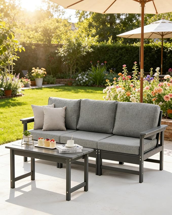 HDPE Outdoor Patio Furniture Set with Cushions, 4 Piece Patio Conversation Set Sofa Set,All Weather Outdoor Couch Set with Coffee Table for Lawn, Garden, Deck