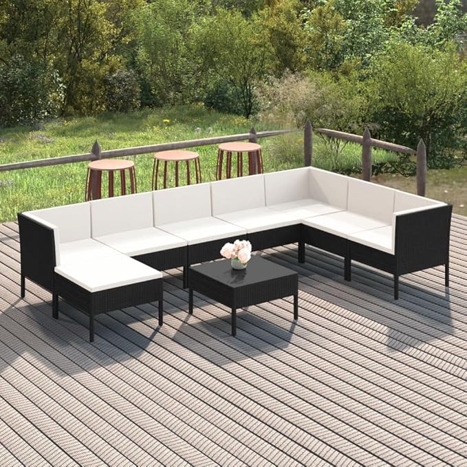 Patio Lounge Set with Cushions,Patio Furniture Sets,Patio Conversation Sets,Outdoor Furniture Sets,for Garden,Backyard,Outdoor,9 Piece Poly Rattan Black