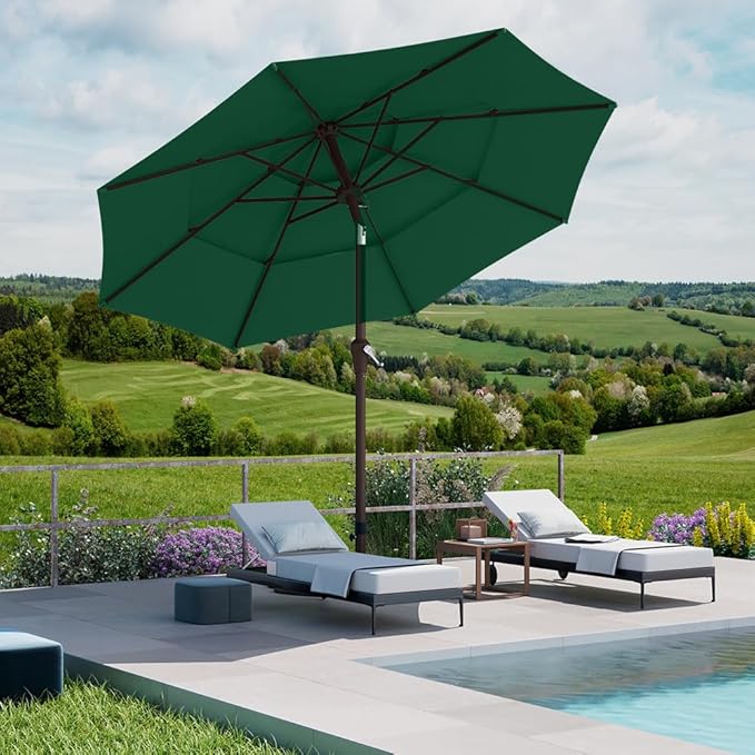 PatioKingdom 9ft 3-Tier Patio Market Umbrella with Crank/Tilt, Commercial Heavy Duty Wind Proof,Outdoor Table Umbrella with 8 Fiberglass Ribs,UPF50+ for Deck,Pool,Garden,Backyard (Dark Green)