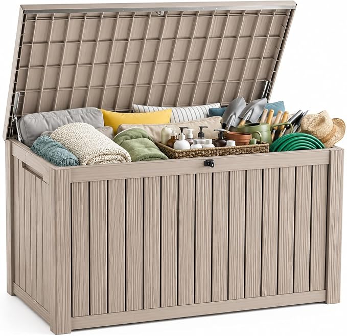Outdoor Deck Patio Storage Box - 200 Gallon Large Outdoor Deck Box, Plastic Storage Bin with Lid, Outside Toy Box & Pool Storage Container for Cushions, Garden Tools, Towel, Brown