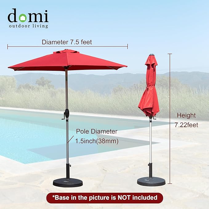 Domi 7.5FT Patio Umbrella Outdoor Market Umbrella with Silver Aluminum Pole, UV Resistant Canopy, Wind Vent, Tilt & Crank System, Perfect for Patio, Garden, Deck, Pool, Outdoor Dining, Red