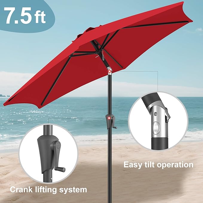 FLAME&SHADE 7.5ft Patio Umbrella - Outdoor Umbrella with Push Button Tilt and Crank for UV Protection, Table Market Umbrella for Garden, Deck, Backyard, Pool and Beach(Red)