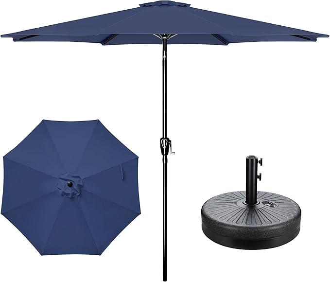 YSSOA 9' Patio Umbrella with 50lbs 20" Capacity Fillable Heavy Duty Round Base, 8 Sturdy Ribs, for Outdoor Lawn, Deck, Poolside, Dark Blue and Black