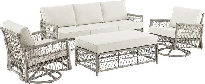 Crosley Furniture Thatcher 4-Piece Outdoor Sofa and Table Patio Furniture Set, Wicker Conversation Sets for Porch, Driftwood with Creme Cushions