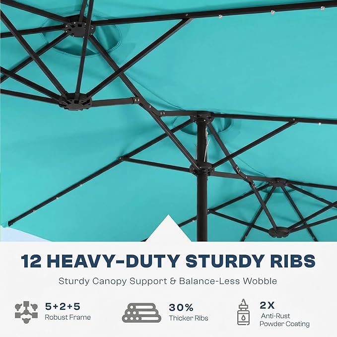 15FT Large Outdoor Patio Umbrella with Solar Lights and Base, Double-Sided Table Umbrellas with 48 LED Lights, Rectangle Market Umbrella for Pool, Deck, Backyard