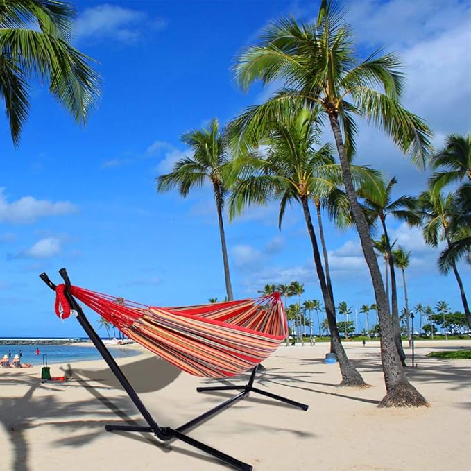 Portable Outdoor Polyester Hammocks Set,Professional Hammock Stand,Outdoor Patio Hammocks,Indoor Swing Hammock Chair Set,with Carry Bag,for Outside Patio Porch Beach Backyard (Red Stripe)