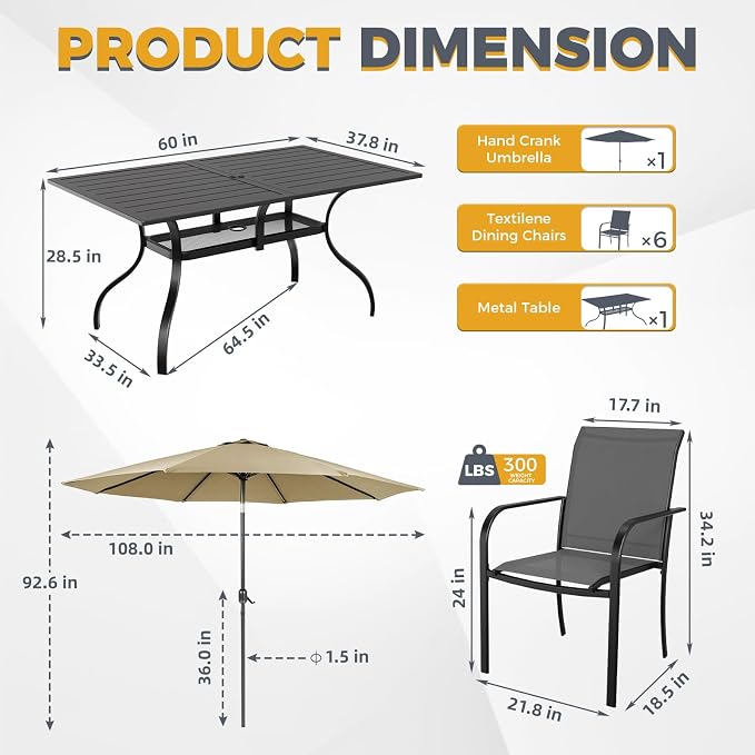 Incbruce 8 Pieces Patio Dining Set with Brown Umbrella, Outdoor Dining Set of 6 Textilene Chairs and Rectangle Table with Umbrella Hole for Backyard, Garden, and Poolside (Grey)
