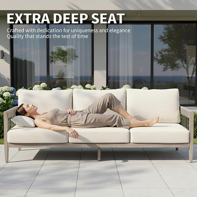 4-Piece Patio Furniture Set, Never-Rust Aluminum Sectional Sofa with Faux Wood Grain Frame, Rope Weave Outdoor Conversation Set with Coffee Table, Patio Sofa Set for Backyard, Poolside, Deck
