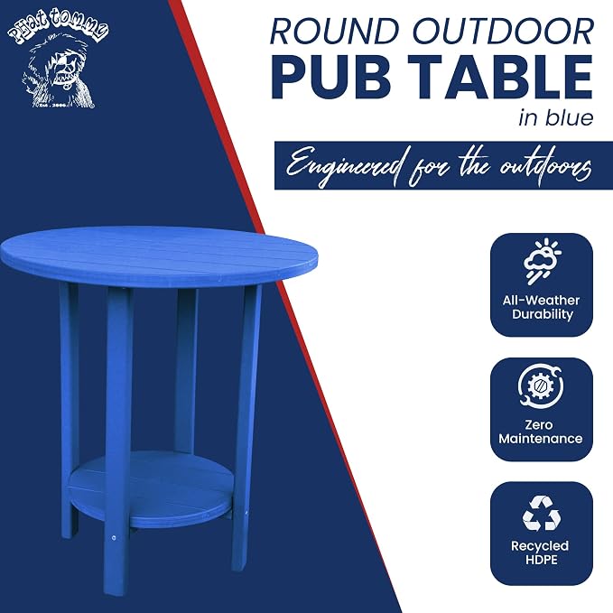 Phat Tommy Round Bar Height Patio Table - Outdoor Bar Table - Balcony Height Patio Furniture for Your Deck - Poly Outdoor Furniture, Blue