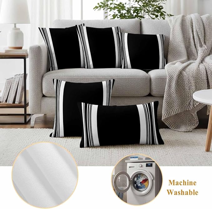 Farmhouse Black Outdoor Waterproof Throw Pillow Covers 16x16 Set of 2, Aesthetic Modern Line Striped Decorative Pillowcases Cushion Pillowcase for Couch Sofa Patio Outside Pillow Protector