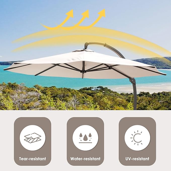 ENSTVER 11FT Cantilever Patio Umbrella With Base Included, Round Large Aluminum Outdoor Cantilever, Heavy Duty Offset Umbrella with 360°Rotation for Pool, Deck, Backyard, Garden(Champagne)