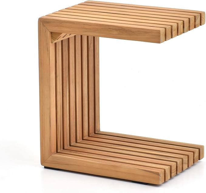 OTSUN Teak Solid Wood C-Shape Sofa Side Table, Pure Simple Form Outdoor Side Table for Patio Sofa Armrest, No Assembly Minimalist Wooden End Table for Porch & Garden