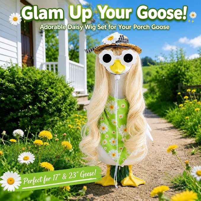 Summer Daisy Porch Goose Outfit 4 Pieces with Porch Goose Long Blonde Wig Daisy Floral Hat Bandana for Outdoor Decor for Lawn Goose Statues