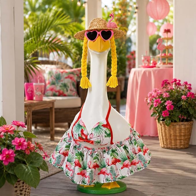 JcHrmers Bikini Goose Outfit Summer Flamingo Porch Goose Outfits Hawaiian Lawn Goose Clothes Fits 23" Cement Plastic Goose Statue for Summer Outdoor Garden Yard Patio Art Decor