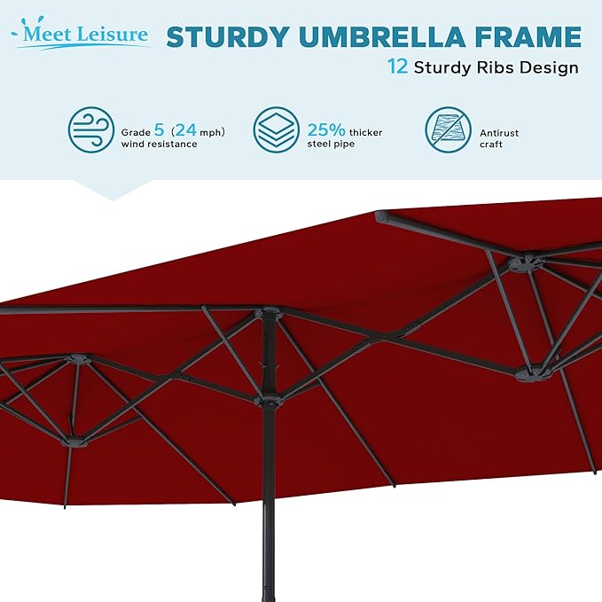 12.5ft Large Double-sided Pool Umbrella, Outdoor Patio Umbrella with Crank Handle, Market Umbrella for Garden, Backyard (Red)