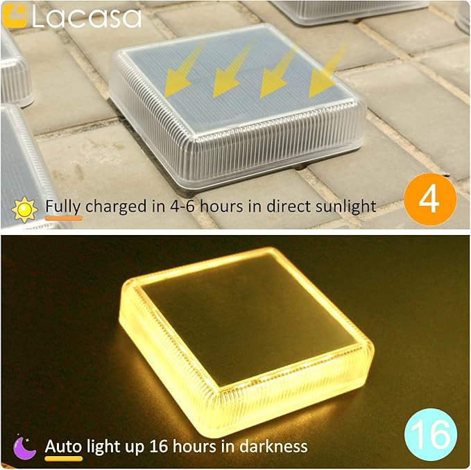 Lacasa 4 Pack Solar Deck Lights Outdoor Waterproof LED, Garden Step Lights Solar Powered Driveway Dock Marine, Dusk to Dawn Lighting for Yard Patio Pathway, Square, Warm White