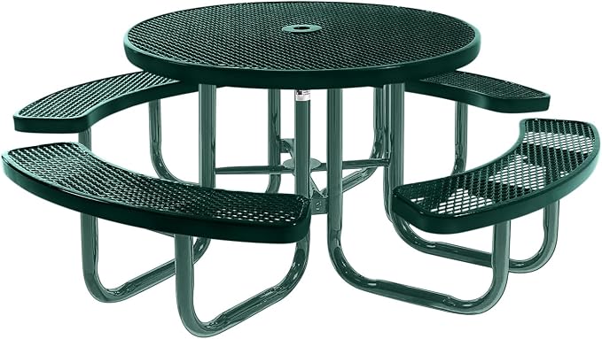 COATEDOUTDOORFURNITURE Heavy-Duty Portable Outdoor Picnic Table with Umbrella Hole, Expanded Metal Commercial-Grade Patio Furniture Made in America (46" Round Top, Dark Green with Dark Green Frames)